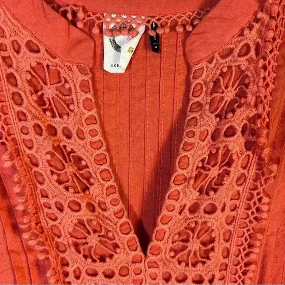 Anthro Akemi + Kin Josephine Small Embroidered Dress Coral 3/4 Sleeve NO SLIP - Picture 7 of 14